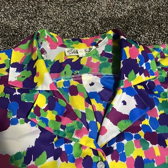 Vintage 80s Shapely women’s button up neon abstract top colorful art shirt - Picture 2 of 6
